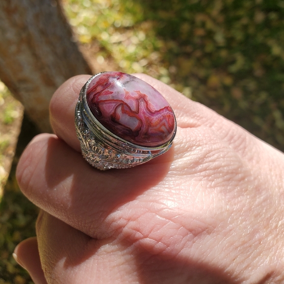 New Crazy Lace Agate Adjustable 925 Silver Unisex Ring. - Picture 15 of 16